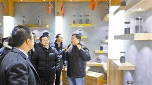 龙华区区长陈清在万鑫石墨谷研发基地听取解说。